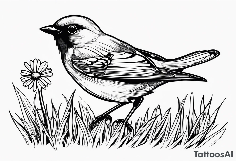 Little bird perched on grass with a daisy tattoo idea