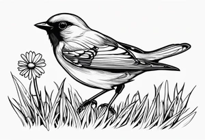 Little bird perched on grass with a daisy tattoo idea
