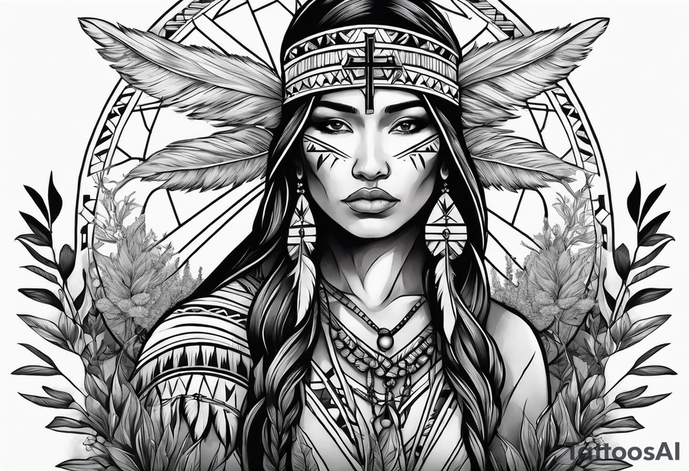 Native American holding a cross with plants and nature behind her, half sleeve tattoo idea