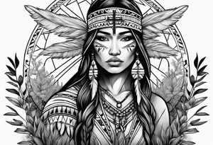 Native American holding a cross with plants and nature behind her, half sleeve tattoo idea