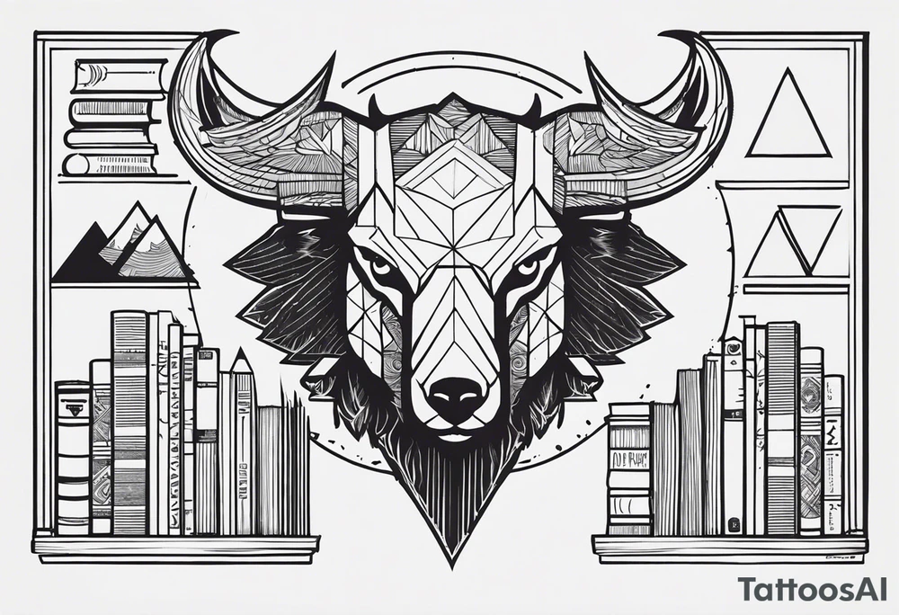 Words: Courage, determination, patience, focus, resilience. Image: Face of a geometric eagle, a bull and a bear faces divided by the financial market dump and pump graphics, symbols of intelligence interconnected with books and studies representing the search for knowledge as a person guided by humanity and human philosophy. tattoo idea