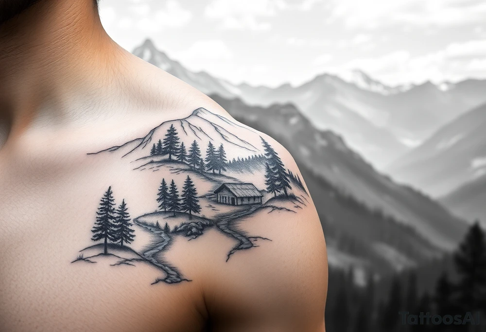 Mountainous valley with creek and a few trees with a Russian orthodox kazan scene covering my shoulder entering my upper arm with a Russian orthodox Virgin Mary tattoo idea