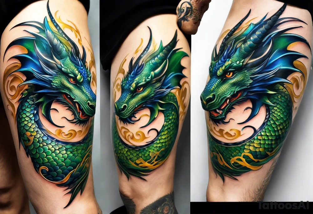 An epic dragon wraps around the calf, its body coiling dynamically, with scales and horns detailed to create a sense of movement and strength. The dragon features accents in green, blue, and gold, giving a vibrant depth and a mystical aura. This tattoo highlights the dragon’s fierce expression and sharp claws as it wraps protectively around the leg. Style: Realism tattoo idea