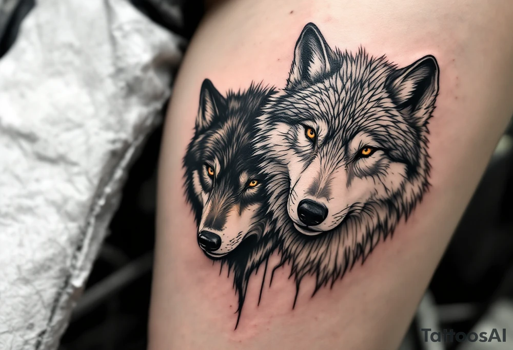 Black wolf and a white wolf side by side tattoo idea