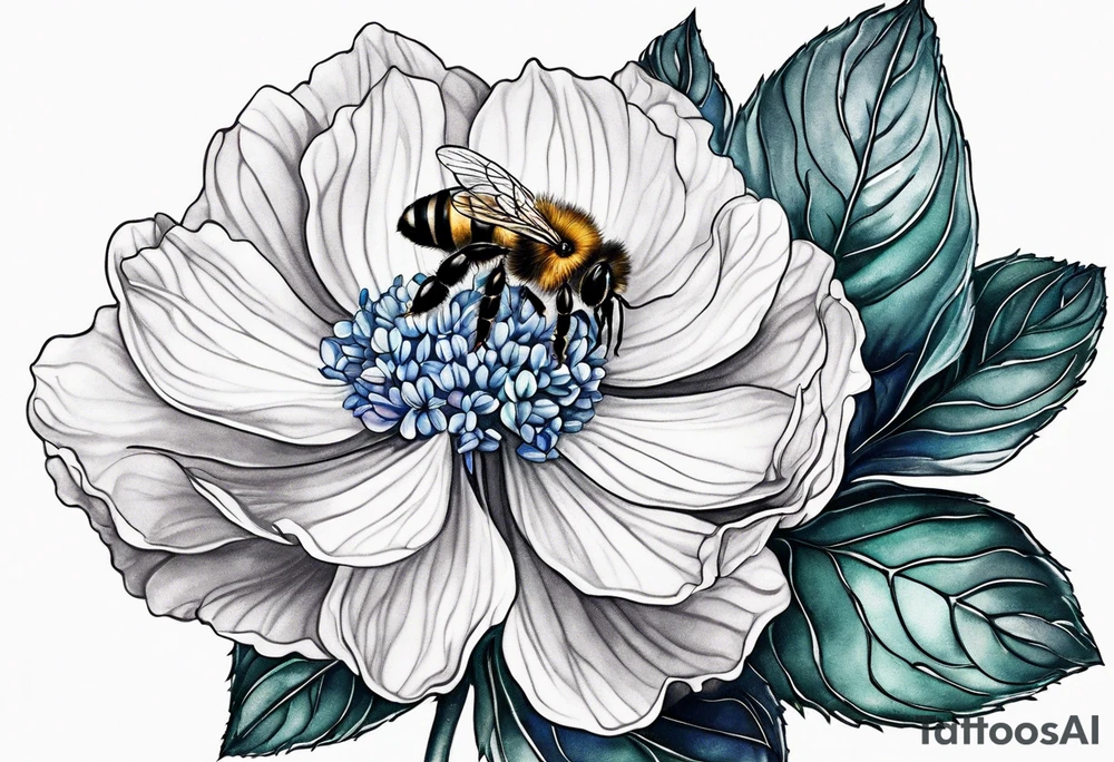 Small tattoo. There’s a hydrangea and a bee but they are not touching. Make the bee smaller than the hydrangea and have the bee off to the side. tattoo idea