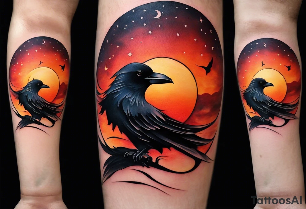 Ying-yang tattoo on your forearm, where one side captures the beauty of the night sky with a full moon, and the other side showcases the warm hues of a sunset. The moon side features a stunning depiction of a crow in flight, adding a touch of magic and wonder to the design. On the sunset side, the silhouettes of a man, woman, and two teenage boys walking create a sense of togetherness and family. Around the circle the words "When Life is hard, you have to change" are written in child's writing tattoo idea