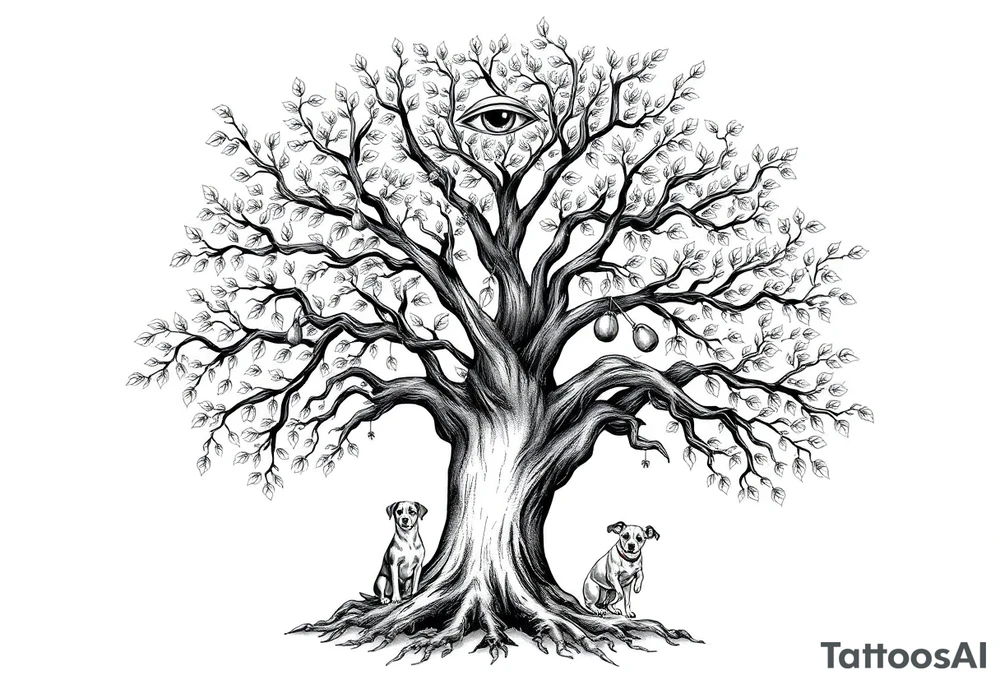 Hippy beech tree full of life. 
Jamie, Derek, Iris, John, bill, Winnie names in the roots, Mavis, Garhi, Mickey, Pam, Lucy, in the branches at the top. Names can be in Hebrew. 
Three dogs a Rhodesian Ridgeback, King Charles cavalier and chihuahua. 
Prett, feminine ornate. Boxing gloves hanging from tree maybe with an all seeing eye overseeing it all. Must be feminine and pretty tattoo idea
