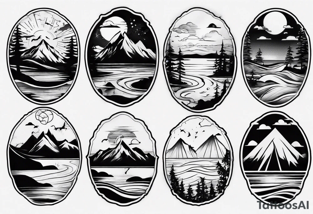 portrait tattoo with mountains, beach, waves, sunset, camping, trees tattoo idea
