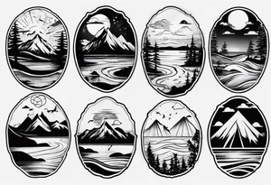 portrait tattoo with mountains, beach, waves, sunset, camping, trees tattoo idea