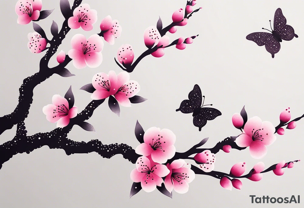 Minimalist Vibrant, pink plum blossom branches with butterflies tattoo idea