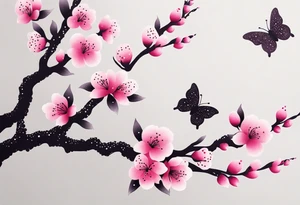 Minimalist Vibrant, pink plum blossom branches with butterflies tattoo idea