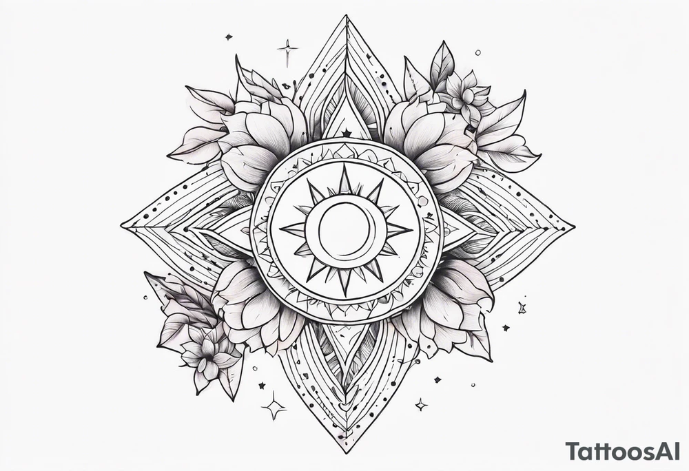 fine line with sun, stars, floral, dots. Sternum tattoo tattoo idea