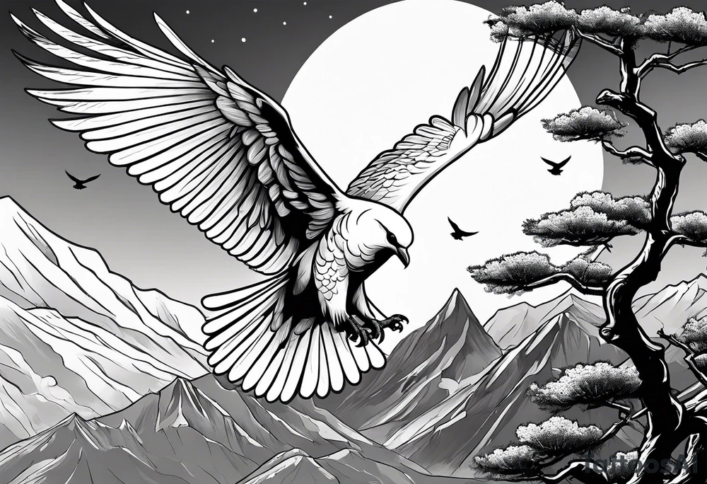 White Dove on a tree branch at the top of the mountain with an eagle soaring overhead tattoo idea