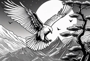 White Dove on a tree branch at the top of the mountain with an eagle soaring overhead tattoo idea