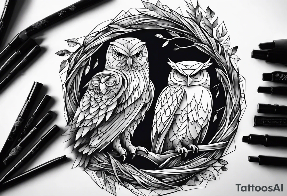 Owl, raven, eagle cuddled in a nest, birdseye view tattoo idea