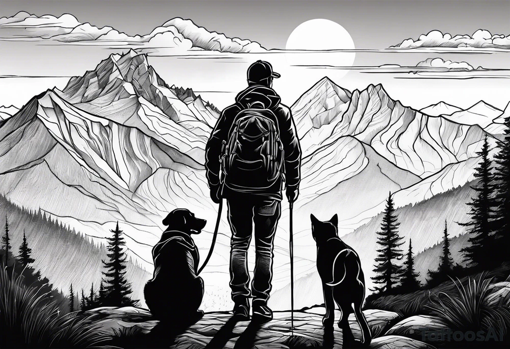 nature, sunset, mountains, a father and son hiking with their dog and cat and a cross tattoo idea