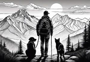nature, sunset, mountains, a father and son hiking with their dog and cat and a cross tattoo idea