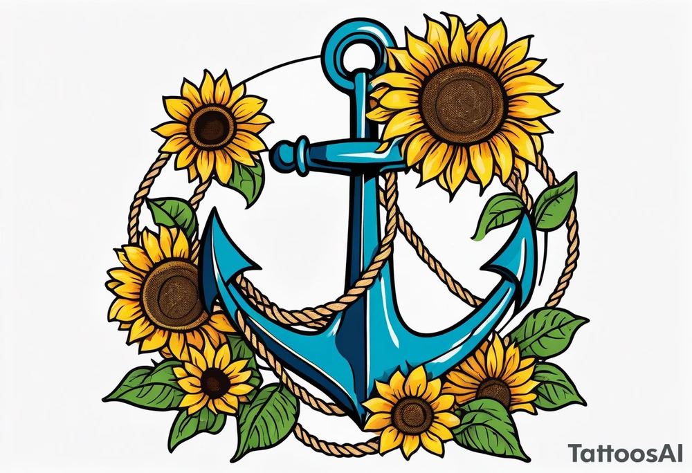 Anchor, wrapped in rope, with sunflowers throughout, thigh tattoo tattoo idea