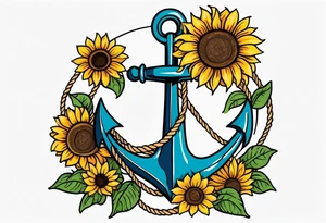 Anchor, wrapped in rope, with sunflowers throughout, thigh tattoo tattoo idea