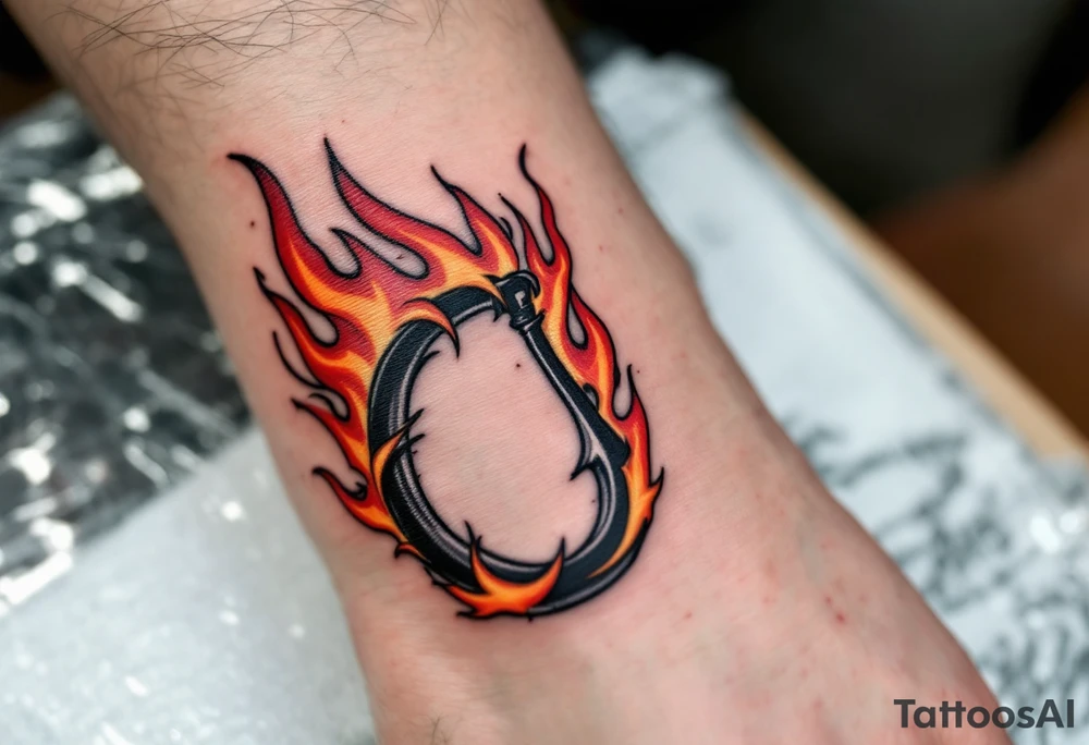 Fire Hook – A red and orange flame-like design surrounding a solid black hook, symbolizing passion, drive, and the fiery spirit of a fisherman. tattoo idea