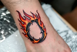 Fire Hook – A red and orange flame-like design surrounding a solid black hook, symbolizing passion, drive, and the fiery spirit of a fisherman. tattoo idea