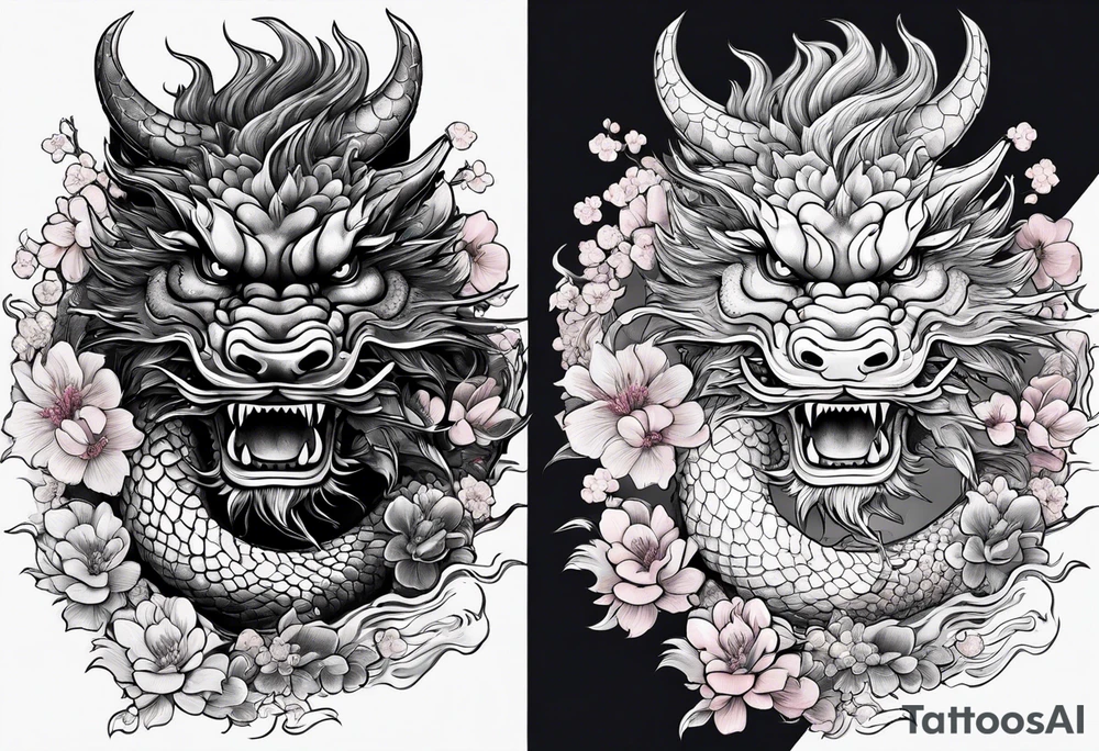 chinese dragon with sakura flowers tattoo idea