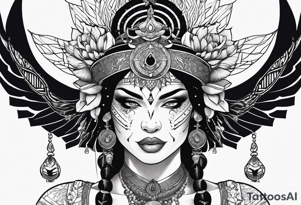 kali ma, alien goddess, valkrye, pirate, divine feminine, zenza resonance, pachamama, lotus azul, blank panther, eagle, skull, 5D, nueva gaya, dna 12 tattoo idea