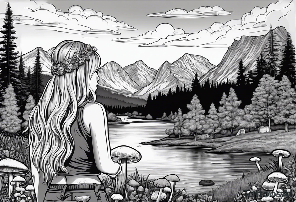 Whole picture encircled fully

Straight long blonde hair hippie girl in distance holding mushrooms in hand facing away toward mountains and creek surrounded by mushrooms long sleeve shirt and hiking pants; whole rendering within a full circle, no cut off circle tattoo idea