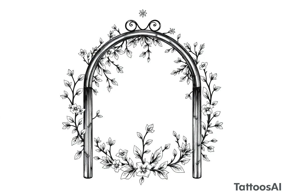 rounded gate filled with a floral pattern containing symbols and icons for christmas, winter, mistletoe, oklive branches tattoo idea