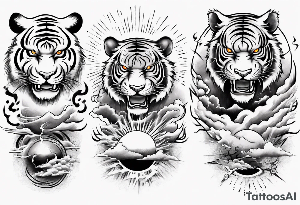 Tiger sleeve tattoo with lightning and the sun tattoo idea