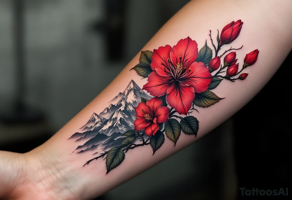 red  and black rhododendron trippy with Himalayas behind tattoo idea
