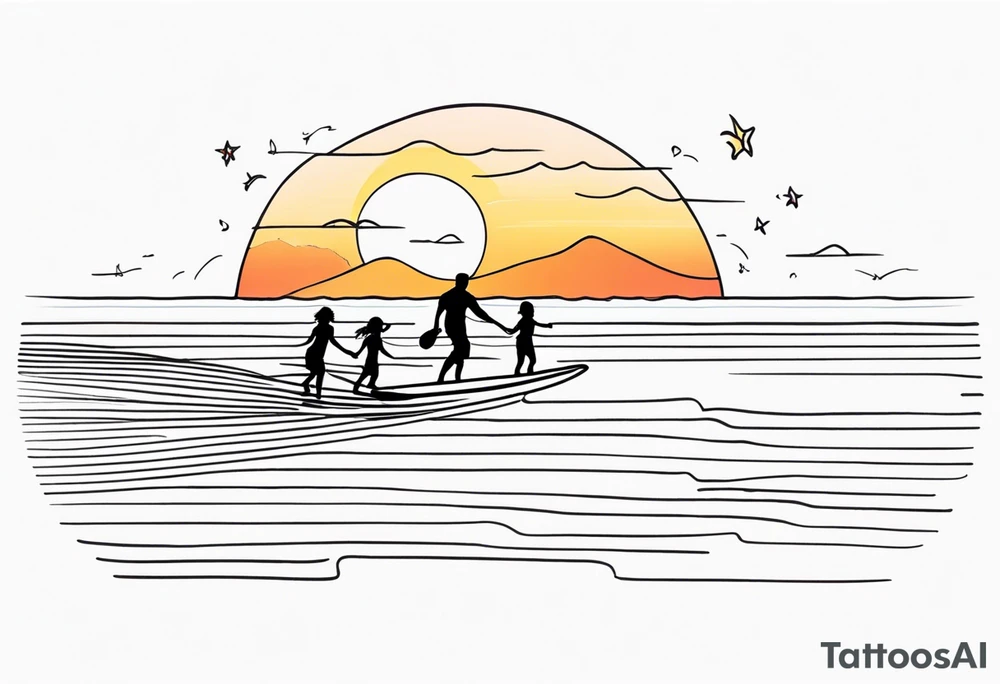 Single line tattoo depicting a father surfing with his two daughters. The daughters are sharing a surfboard with the father.  There is a sunset in the distance, with musical notes. tattoo idea