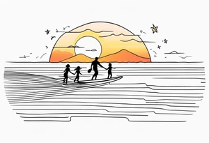 Single line tattoo depicting a father surfing with his two daughters. The daughters are sharing a surfboard with the father.  There is a sunset in the distance, with musical notes. tattoo idea