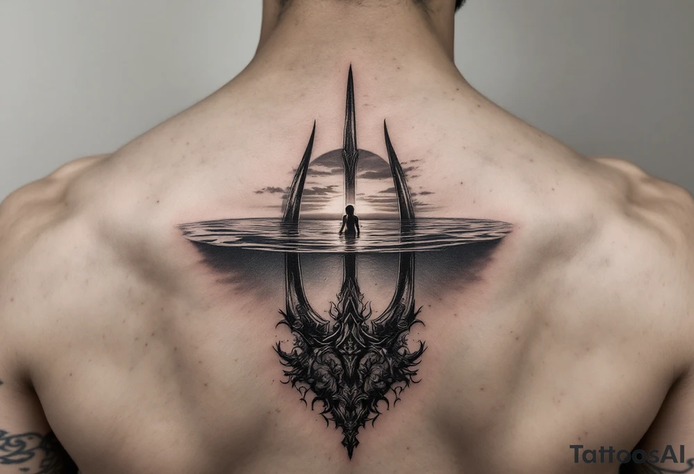 trident half way under calm water with sunset and mermaid tattoo idea