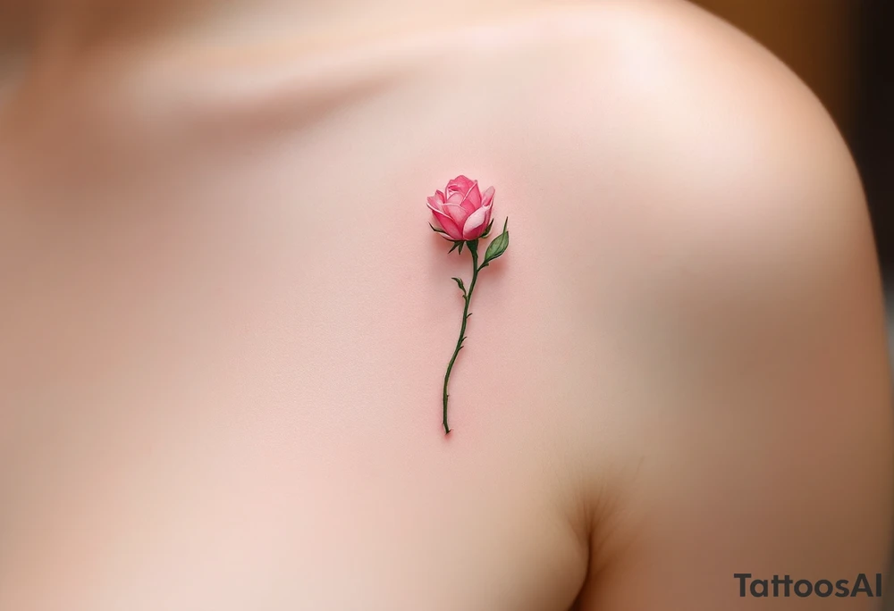 Tiny pink rosebud just starting to bloom, with soft pastel petals and a delicate green stem. tattoo idea