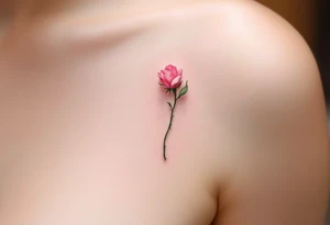 Tiny pink rosebud just starting to bloom, with soft pastel petals and a delicate green stem. tattoo idea