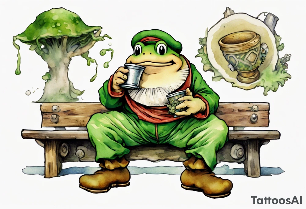 Toad from Super Mario Bros. with a long moss beard wearing a medieval tunic drinking from a wood cup, sitting on a bench laughing tattoo idea