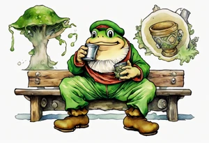 Toad from Super Mario Bros. with a long moss beard wearing a medieval tunic drinking from a wood cup, sitting on a bench laughing tattoo idea