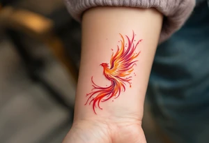 A phoenix rising from the flames in an infinity shape, colored in fiery red, orange, and gold, symbolizing rebirth. tattoo idea