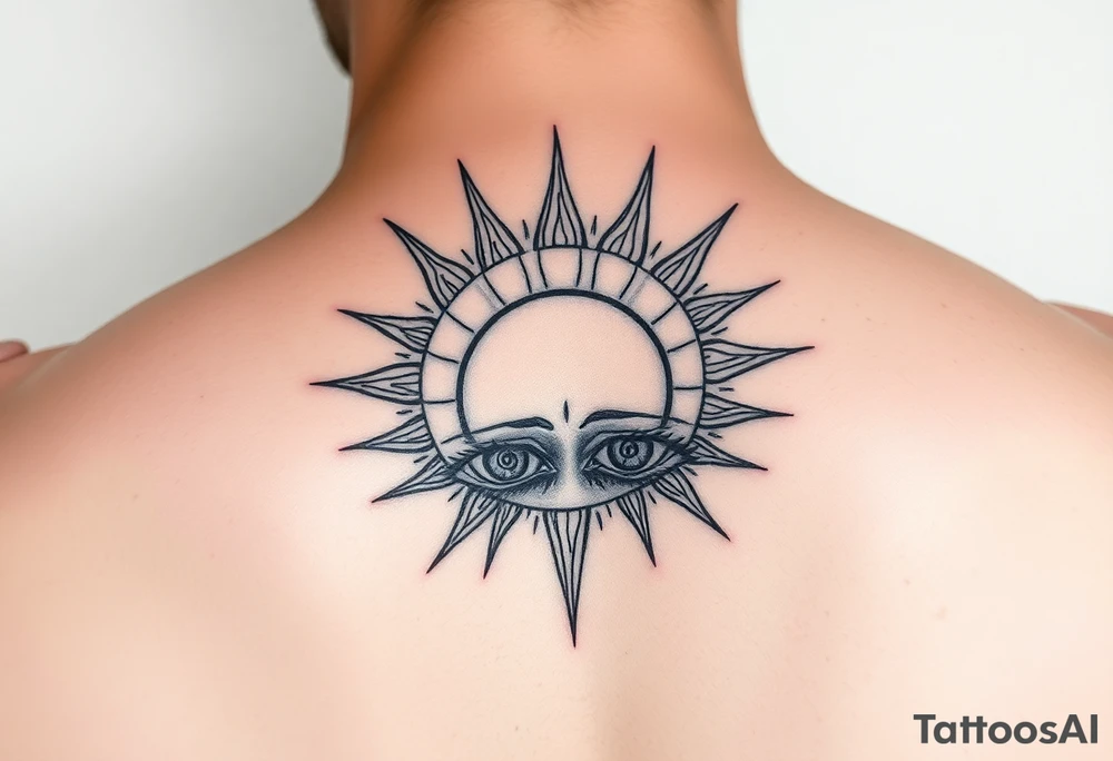 Sun rising over crying eyes fine line tattoo idea