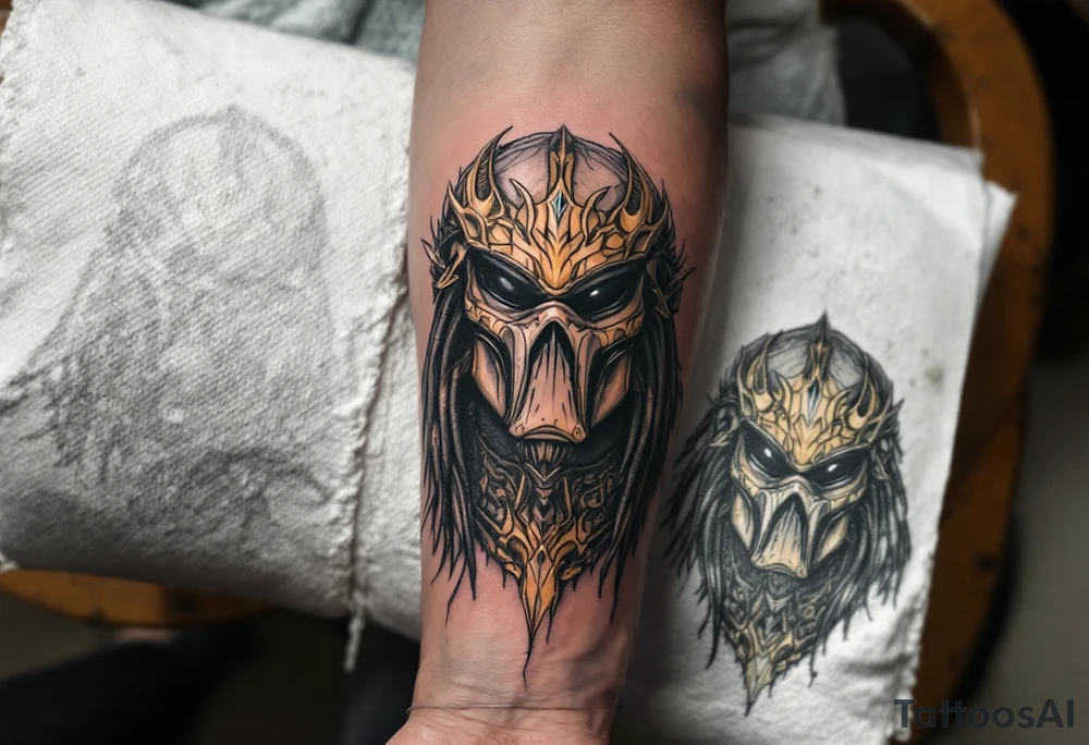 Ancient Elder Predator – A legendary leader of the Yautja race, with darkened, almost stone-like skin, ornate gold and silver armor, and a tattered ceremonial cape. Wears a highly decorated bio-mask passed down through generations. tattoo idea
