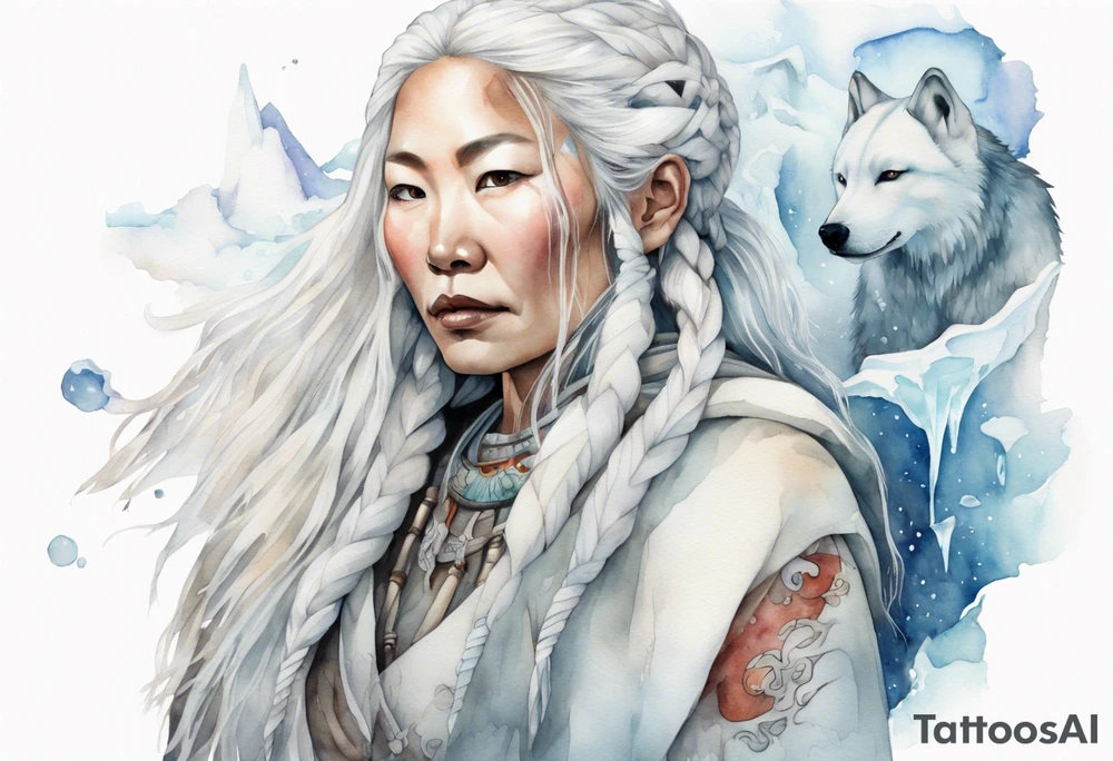 a watercolor of an Inuit woman with long white hair with a white wand in her left hand, surrounded by ice tattoo idea