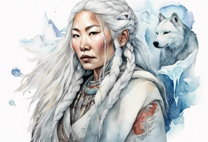 a watercolor of an Inuit woman with long white hair with a white wand in her left hand, surrounded by ice tattoo idea