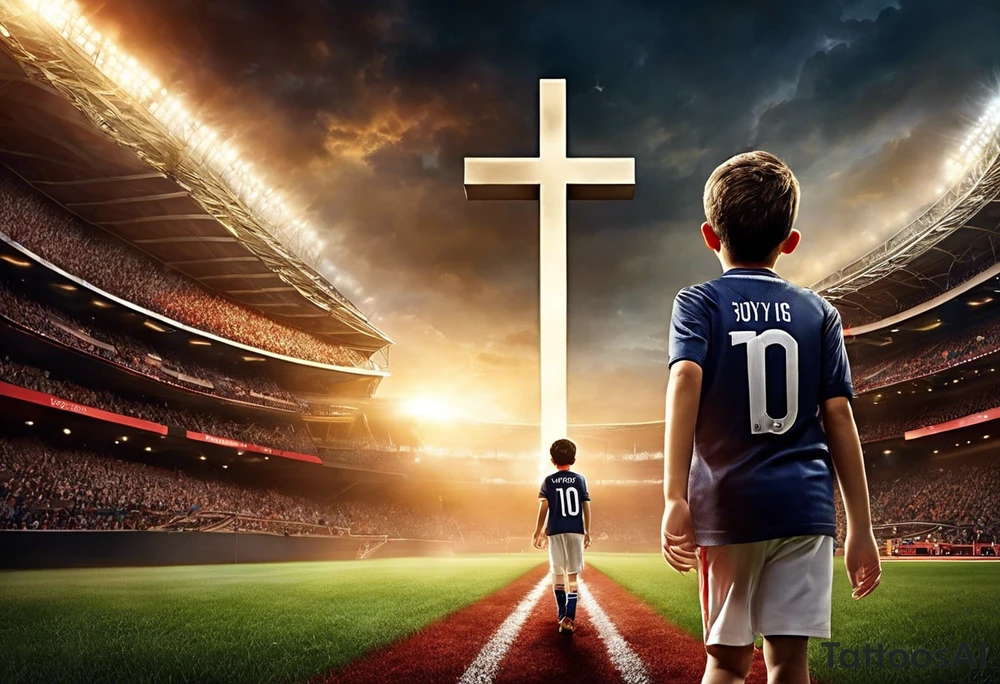 A little boy with the number 10 on his back walking into a stadium with a cross above it and a saying Roman’s 8:18 “ the pain you are feeling today, can’t compare to the joy to come tomorrow.” As well with 5 stars around it and in each star I want the number 15, 2 , 25, 27, 2 . tattoo idea