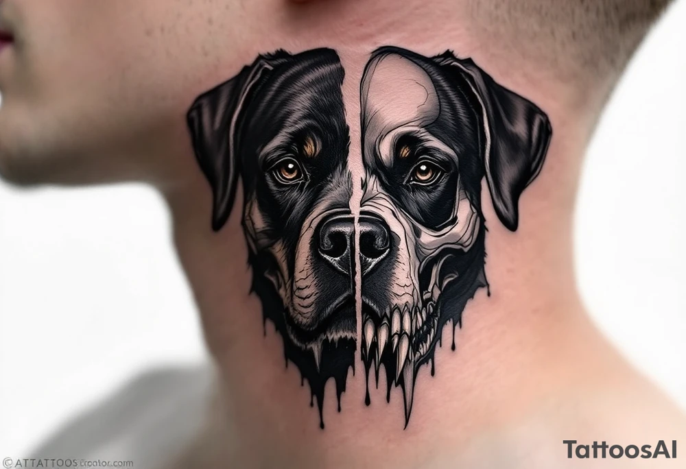 Rottweiler Skull Fusion – A half-rottweiler, half-skull design, blending realism with dark symbolism. Monochrome with light shading to define the bone structure. tattoo idea