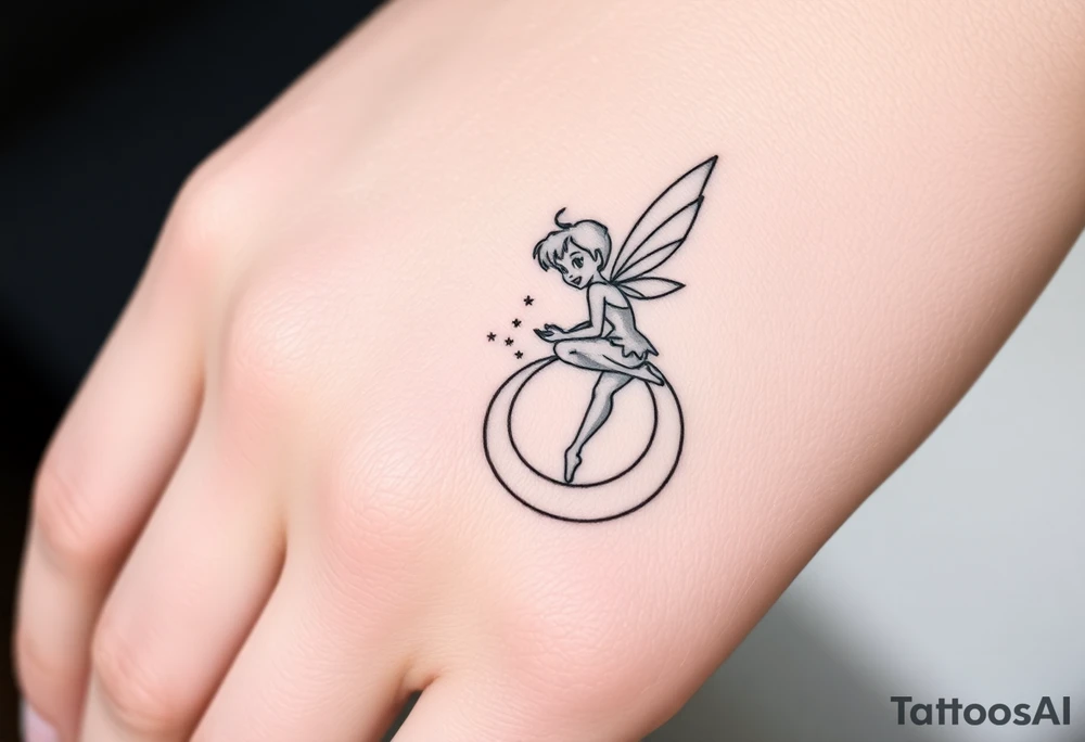 Tinkerbell sitting on a crest moon thrown pixie dust tattoo idea