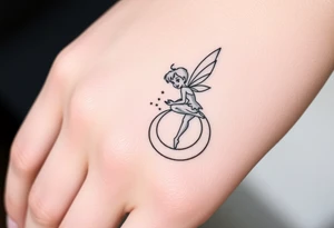 Tinkerbell sitting on a crest moon thrown pixie dust tattoo idea