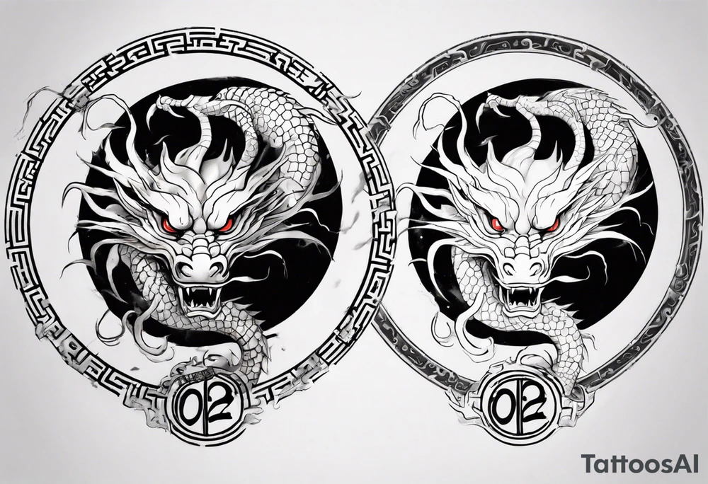 Chinese dragon in a circular shape with "02.03" written on its skin tattoo idea