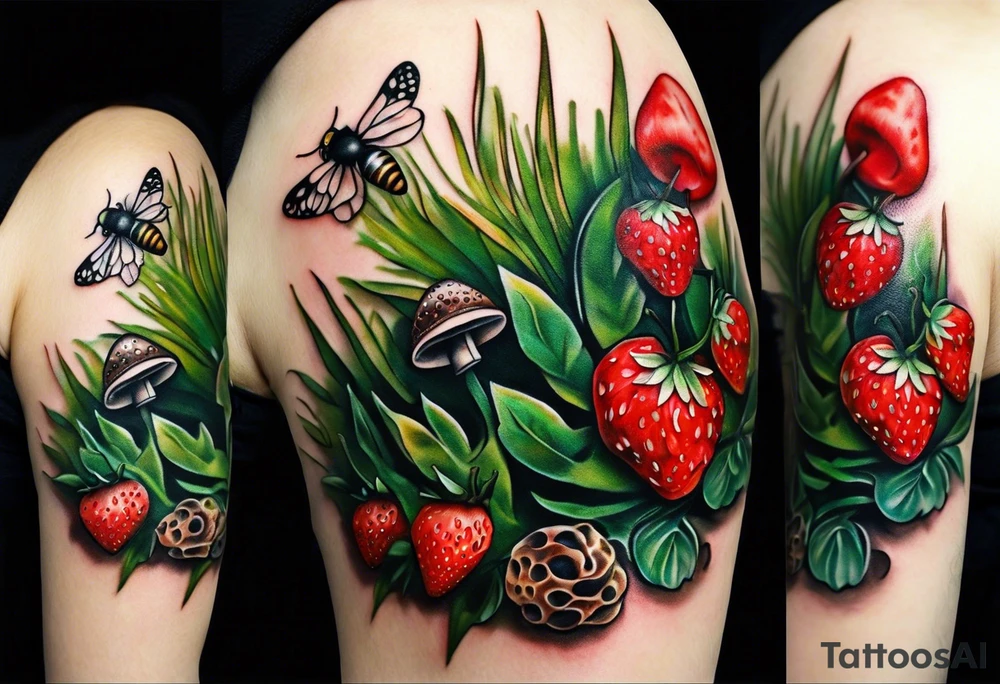 forest floor inspired realistic tattoo, which includes grass, curly ferns and dead leaves as the bulk of the tattoo. details to include: three  tiny strawberries, couple of very small mushrooms, a tiny bumblebee flying nearby tattoo idea