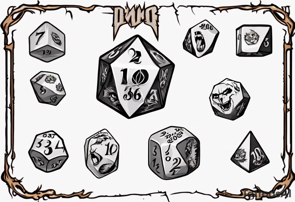 A 20 sided Dice with numbers and wolverine claw marks framing the underneath of the dice and a werewolf in the background tattoo idea